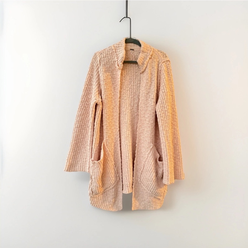 Free People Waterfront Chunky Knit Open Cardigan Sweater Peach Pink Large Boho